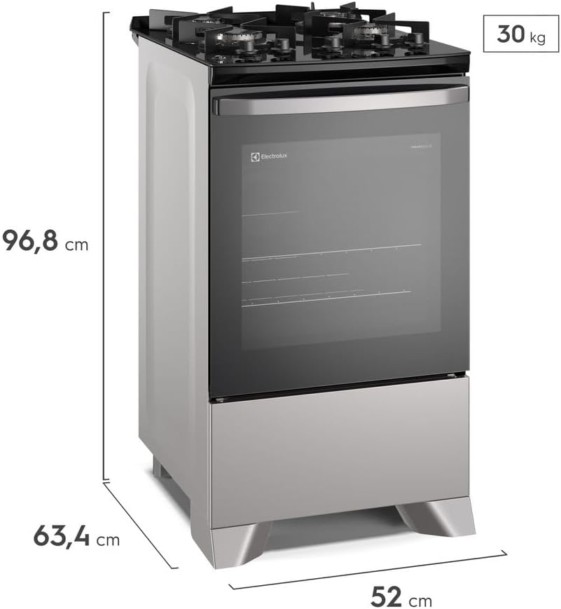 Dimensões do fogão Electrolux 4 bocas Efficient 96,8x52x63,4cm e peso 30kg