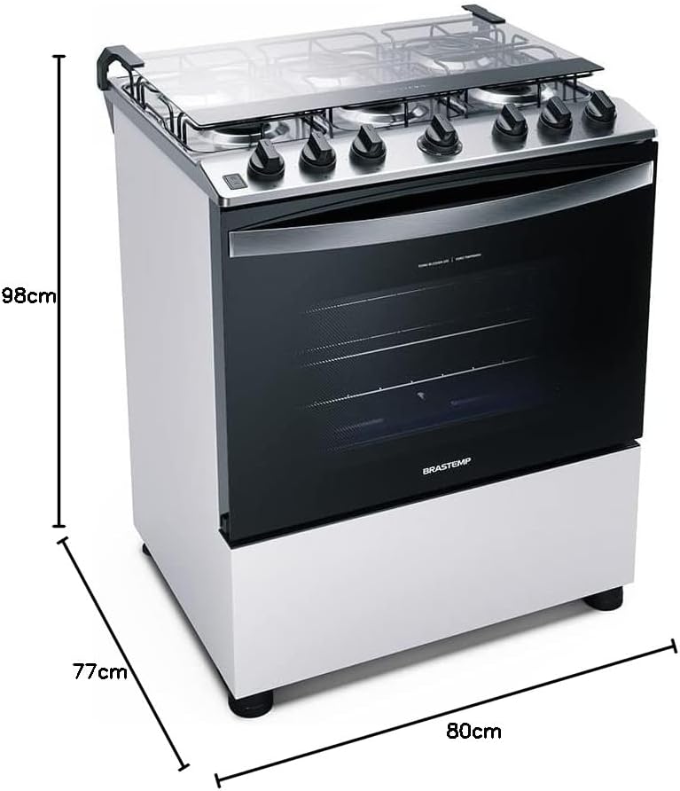 Fogão Brastemp 6 bocas branco com medidas 98x77x80 cm e tampa de vidro levantada