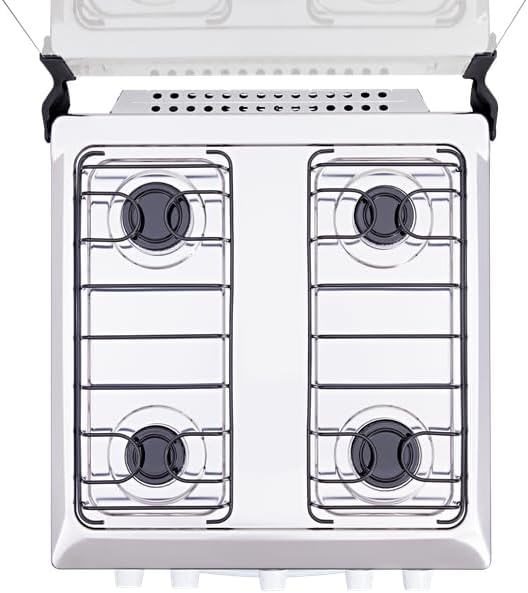 Mesa de inox do fogão Atlas Coliseum Plus com 4 bocas e grades pretas, vista superior