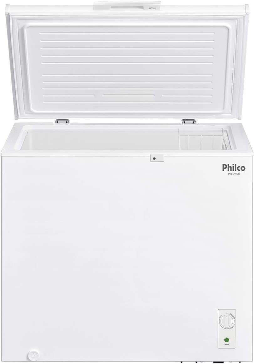 Freezer Horizontal Philco 199L PFH205B aberto mostrando interior e painel termostato