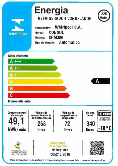 Etiqueta energética INMETRO refrigerador Consul 340L Classe A modelo CRM39A