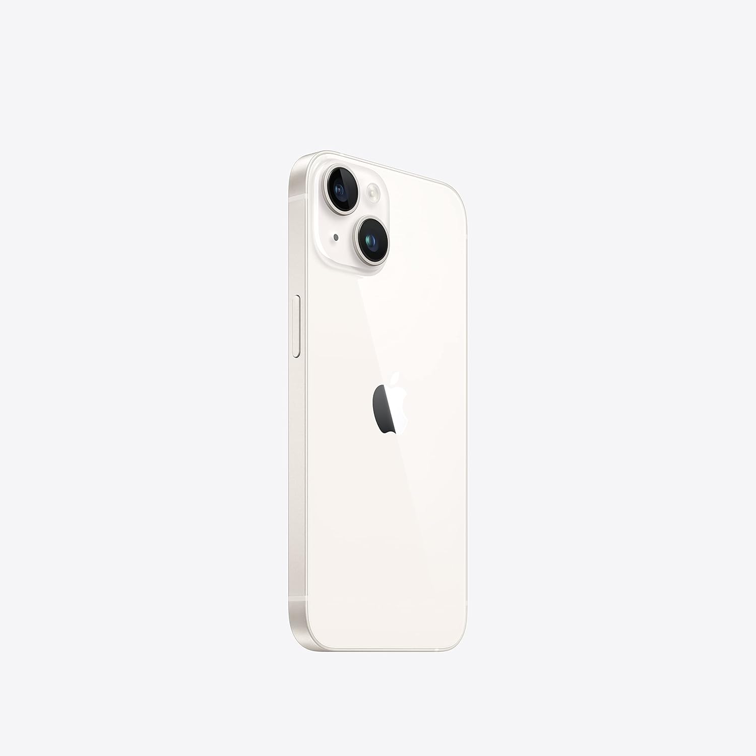Apple iPhone 14 cor estelar visto de lado mostrando as câmeras traseiras e design moderno.