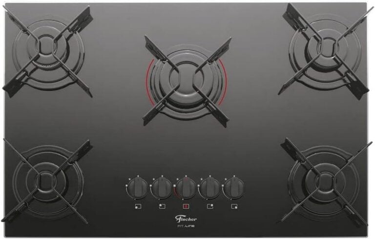Cooktop a gás Fischer 5 bocas com mesa de vidro preto e botões centrais