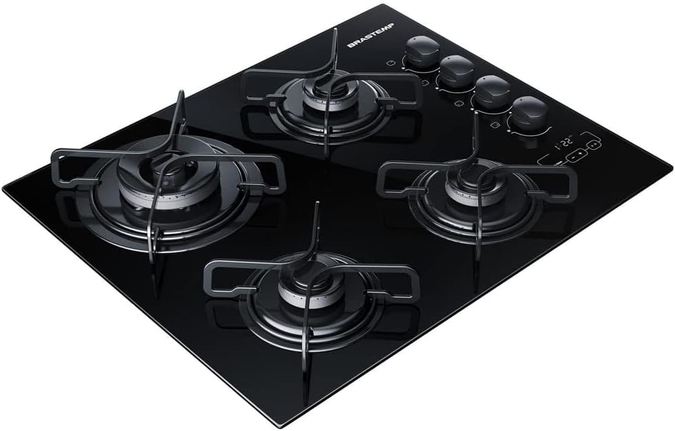 Cooktop Brastemp 4 bocas preto com grades de ferro e botões giratórios à direita