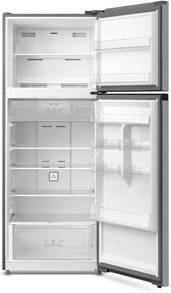 Interior vazio da geladeira Frost Free Duplex 463L Midea inox mostrando organização interna.
