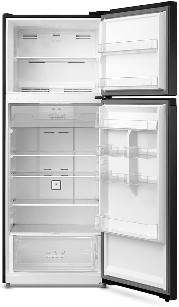 Interior vazio Geladeira Frost Free Duplex 463L Slim Black Inox Midea com prateleiras e gavetas
