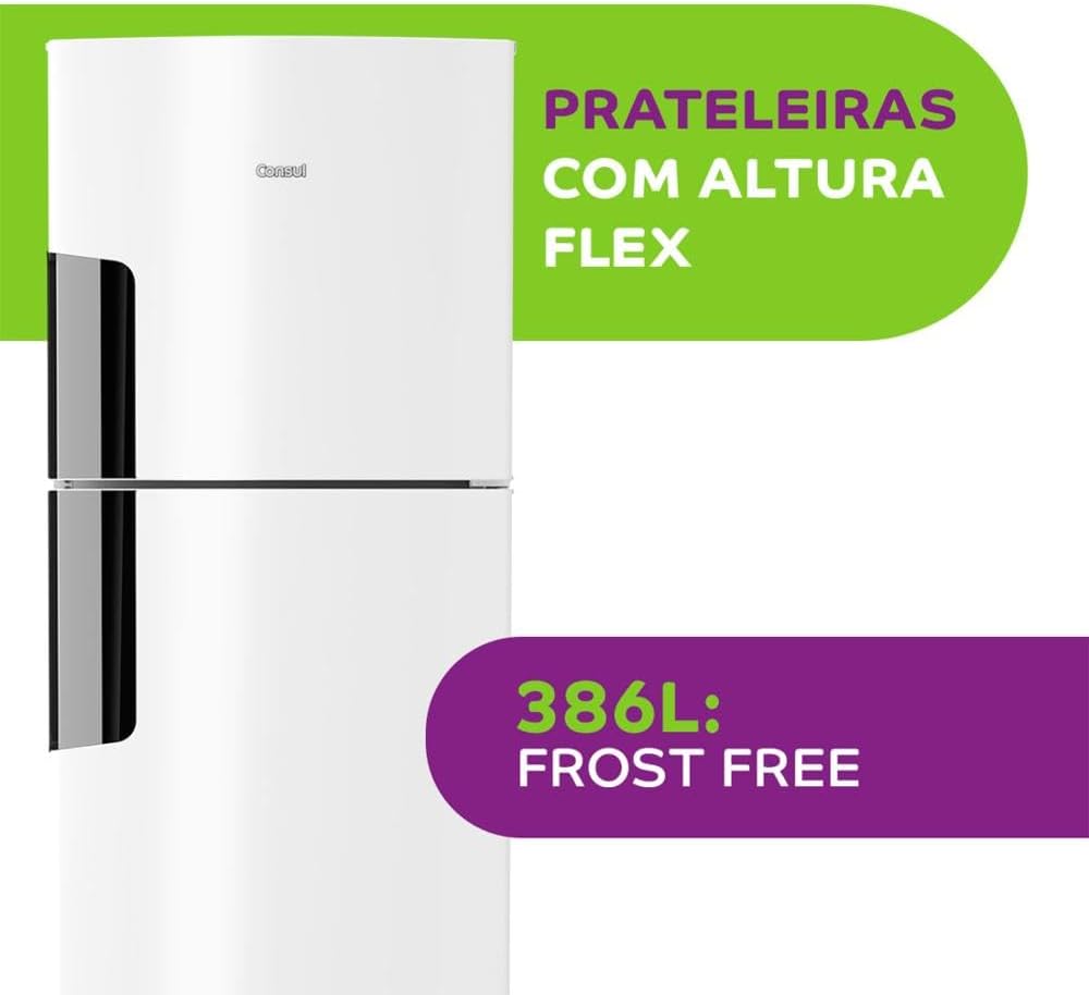 Geladeira Consul branca com destaque para prateleiras flexíveis e capacidade 386L