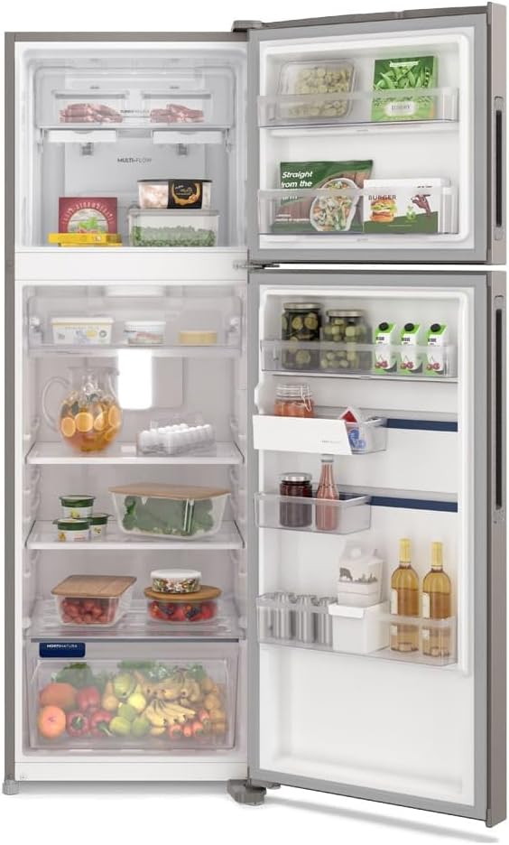 Geladeira Electrolux Frost Free Duplex Efficient Inox vista interna com alimentos