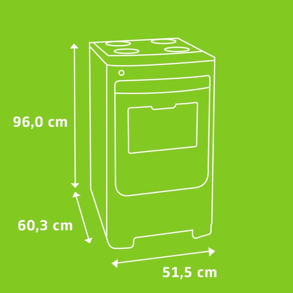 Esquema ilustrado com medidas do fogão Consul 4 bocas em fundo verde