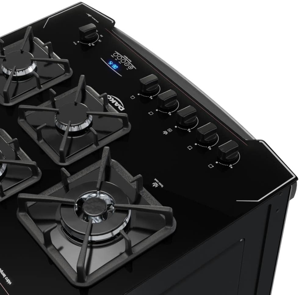 Detalhe topo fogão vidro temperado preto 5 bocas com display digital Dako Diplomata