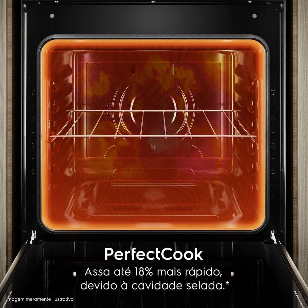 Interior do forno fogão Electrolux com tecnologia PerfectCook destacada e resistência.