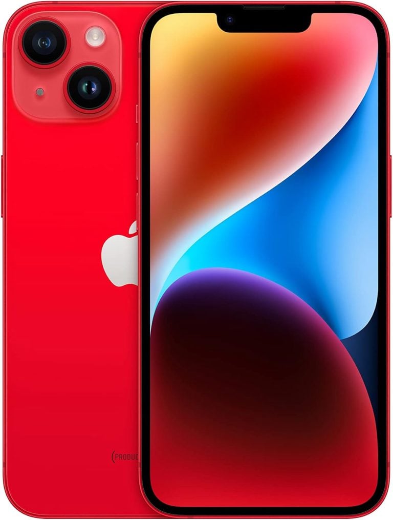 Apple iPhone 14 (128 GB) na cor (PRODUCT) RED mostrando frente e verso com detalhes das câmeras e tela.