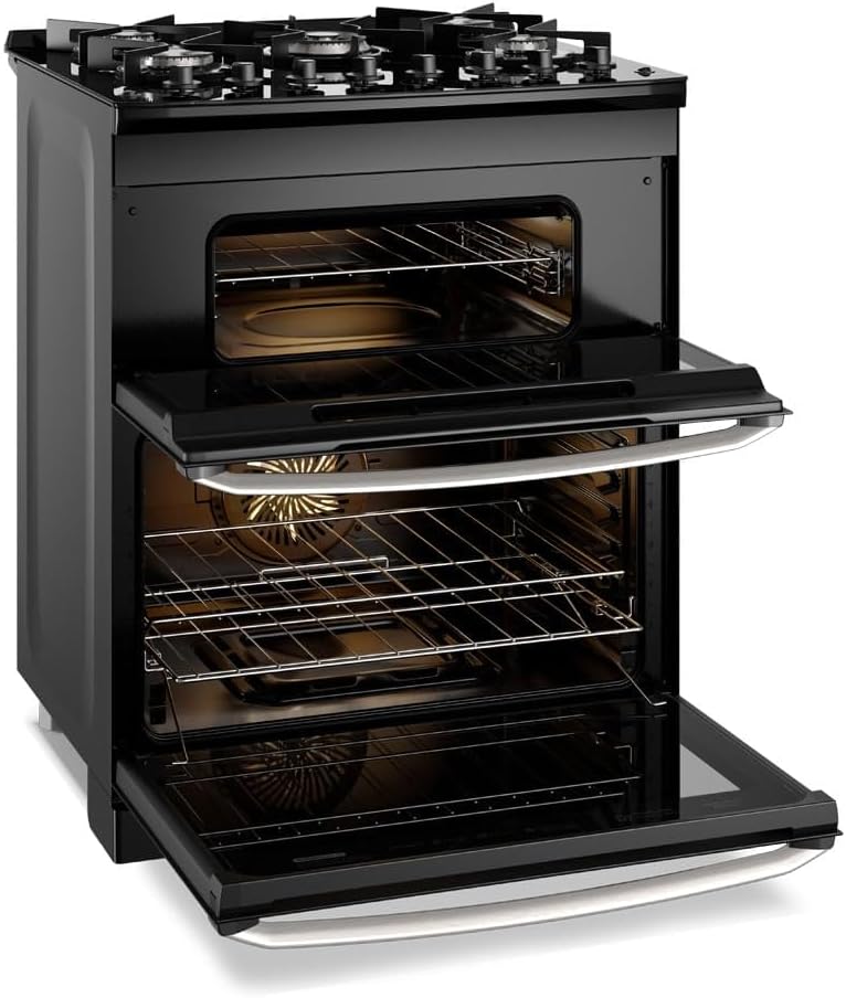 Fogão Electrolux 5 bocas preto com forno duplo aberto e grelhas internos