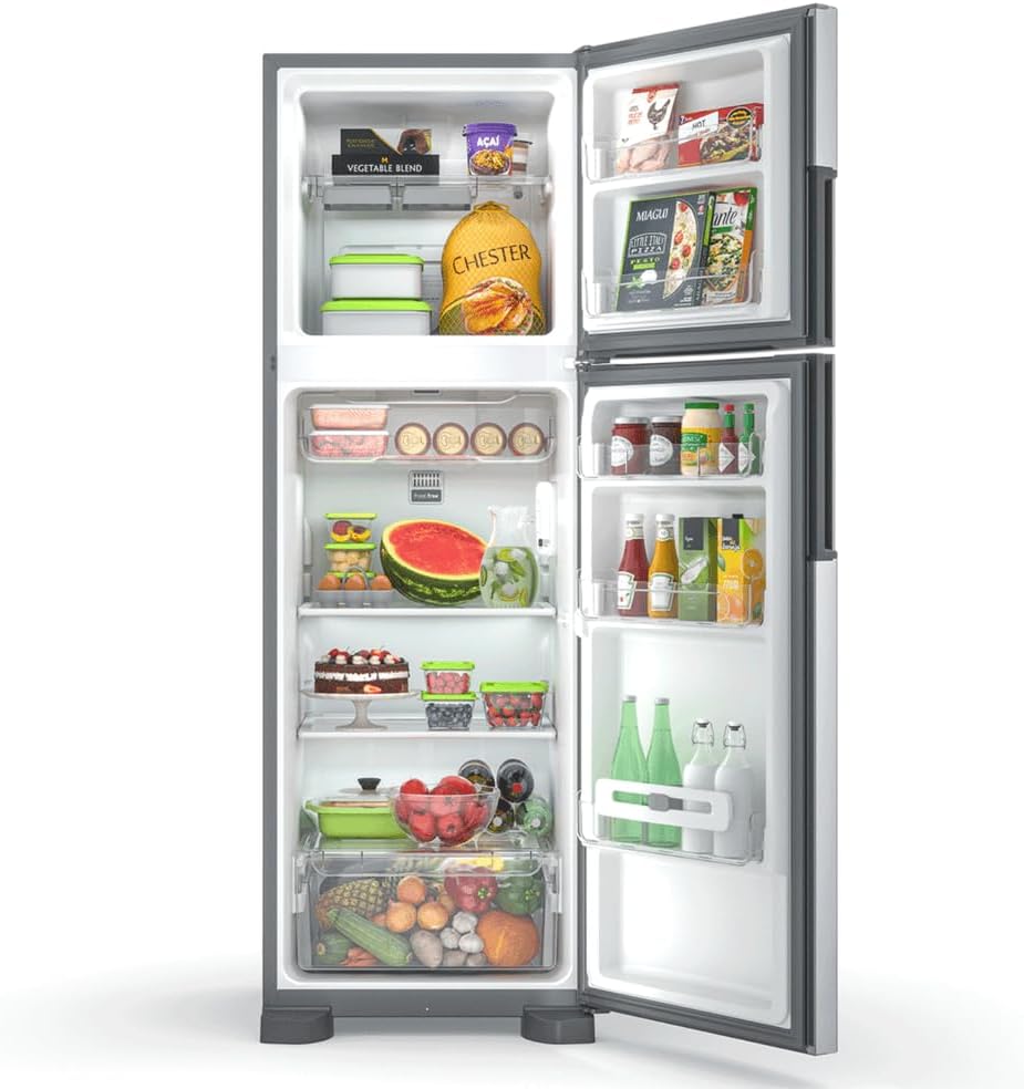 Geladeira Consul Frost Free Duplex 386 litros inox aberta com alimentos variados dentro.