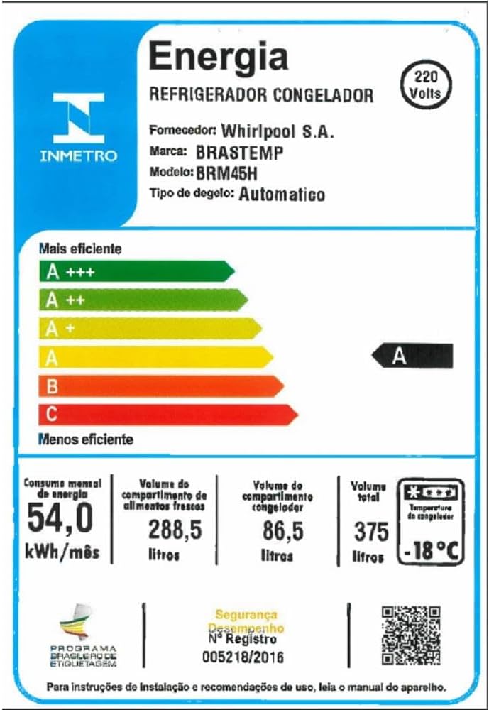 Etiqueta INMETRO de eficiência energética A para geladeira Brastemp modelo BRM45HK 375 litros 220V.