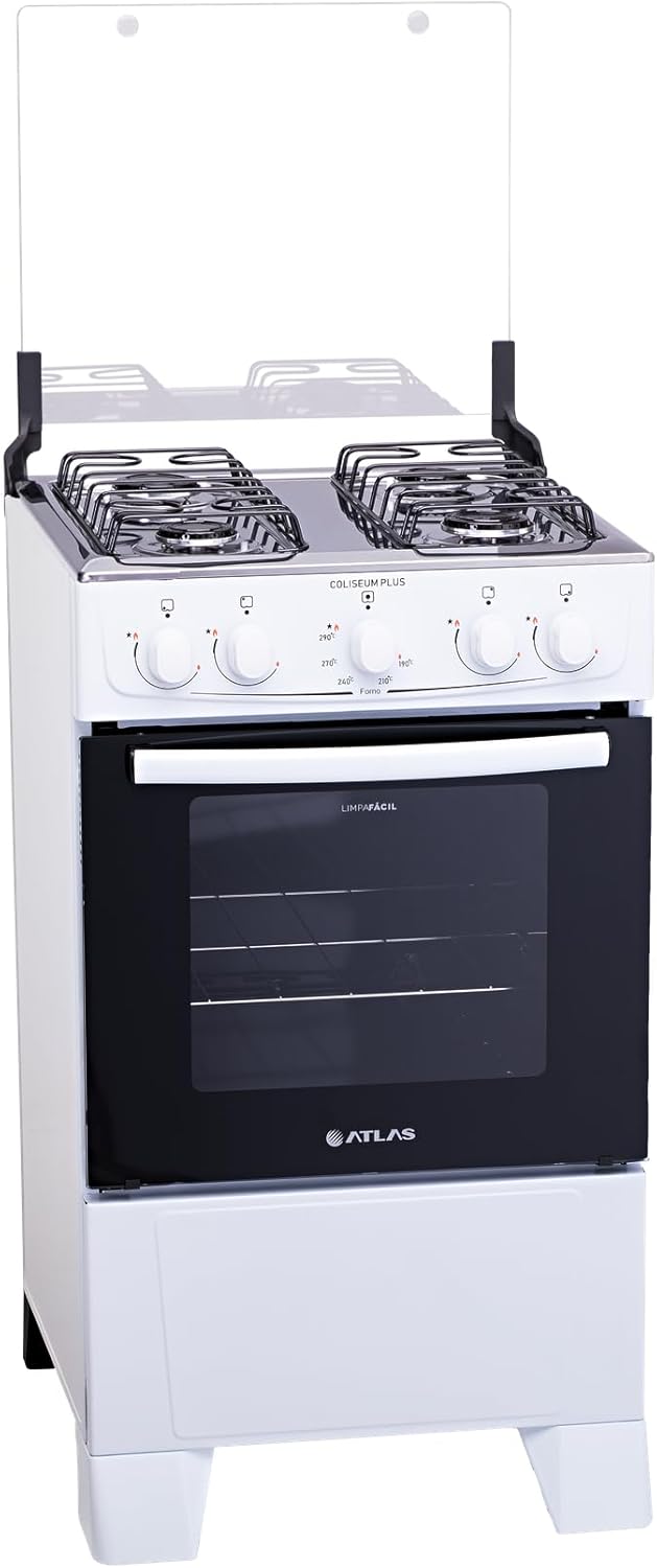 Fogão Atlas Coliseum Plus branco com 4 bocas em inox, vista frontal com porta de vidro e botões de controle