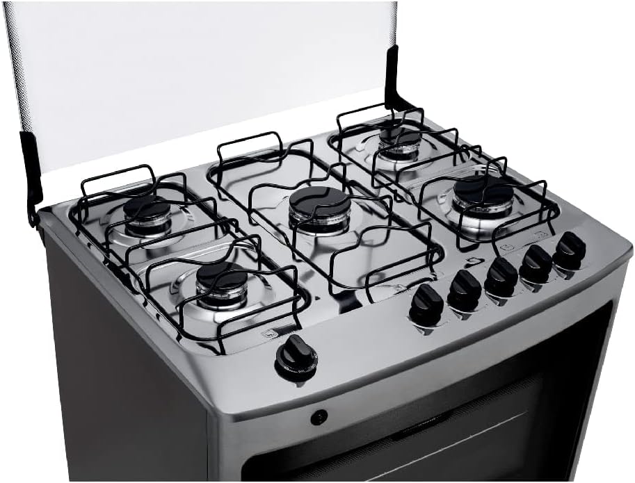 Fogão Consul 5 bocas inox vista superior com botões removíveis e tampa de vidro aberta.