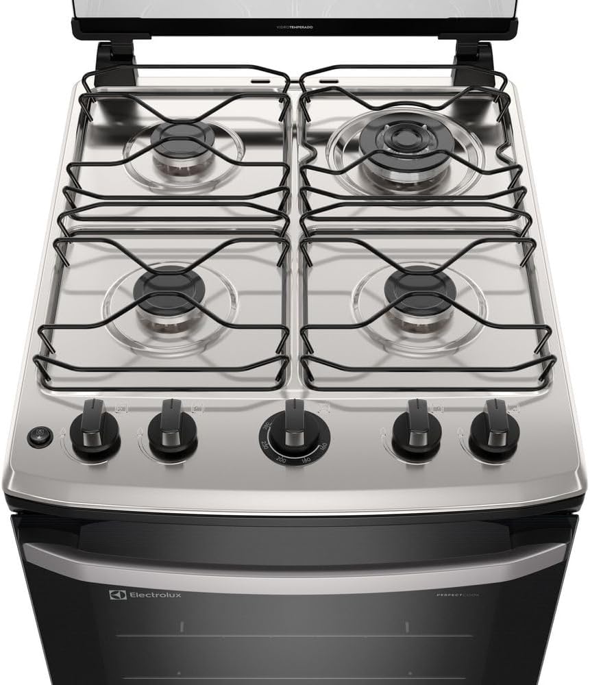 Tampo inox do fogão Electrolux 4 bocas Efficient branco com grades e cinco botões na frente