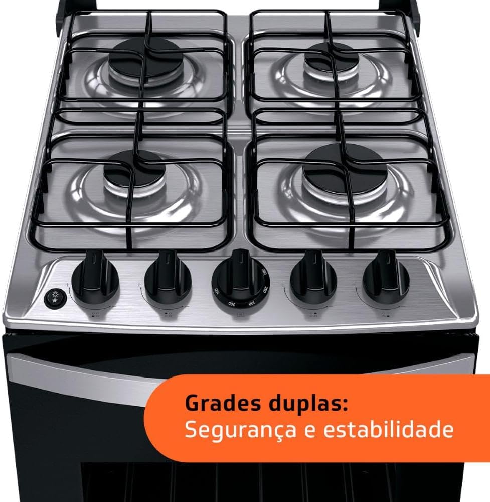 Mesa inox do fogão Brastemp 4 bocas com grades duplas para segurança e estabilidade.