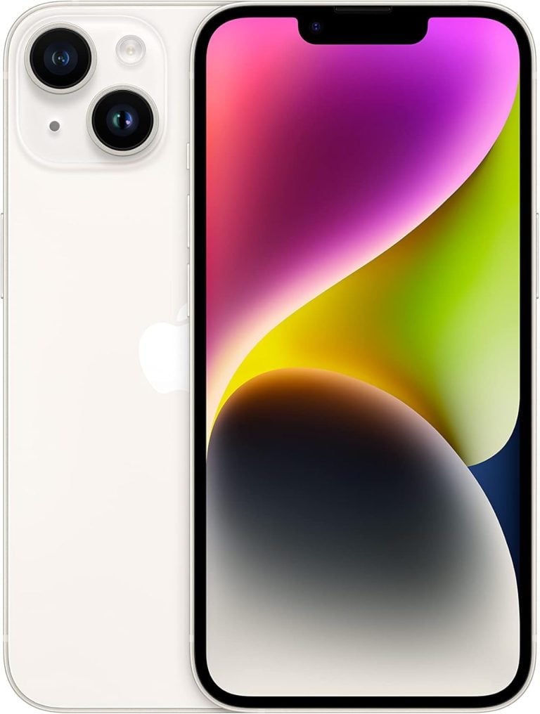 Apple iPhone 14 estelar mostrando frente com tela e verso com câmeras dupla e logo da Apple.