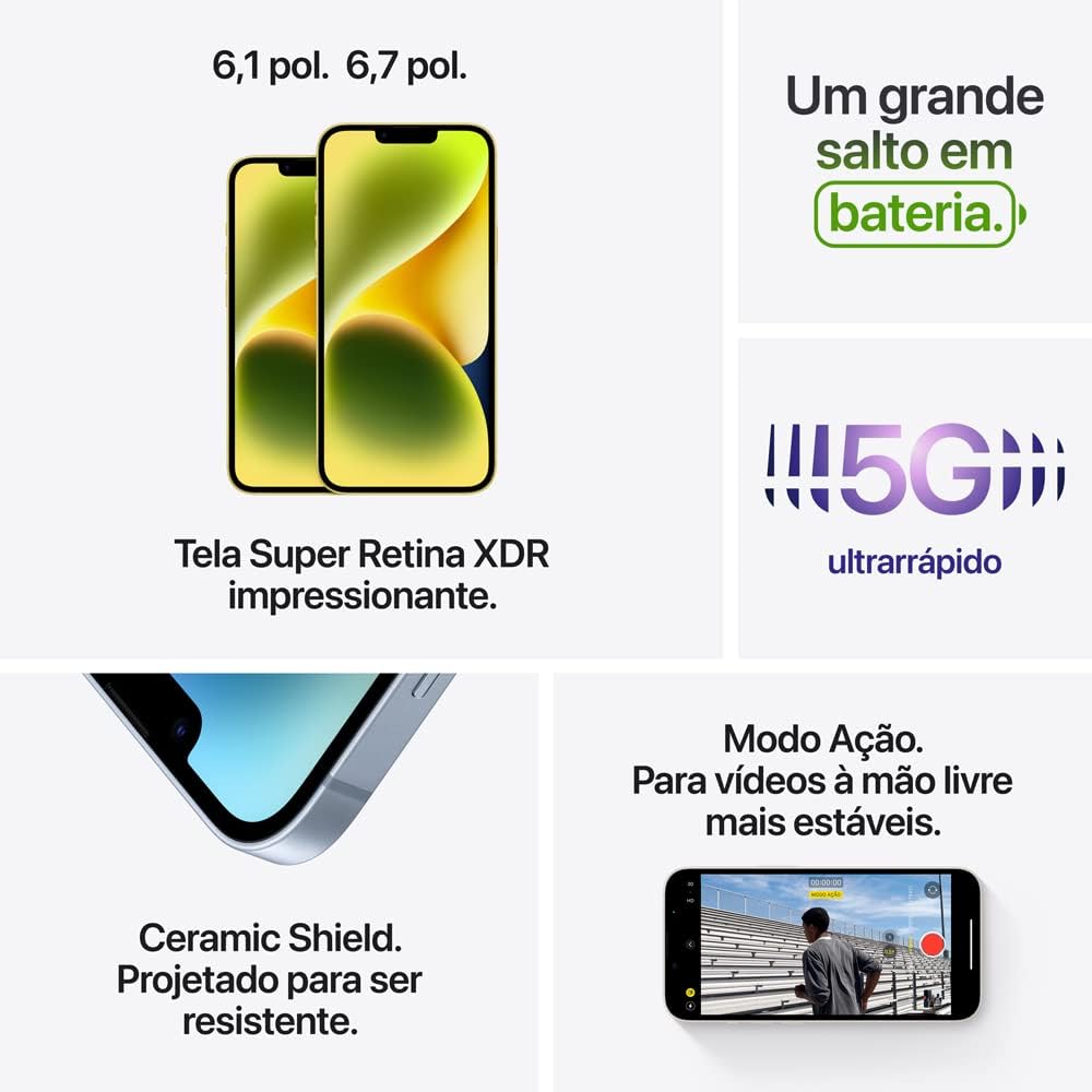 Recursos destacados do iPhone 14 Plus com tamanhos, bateria, 5G e modo ação