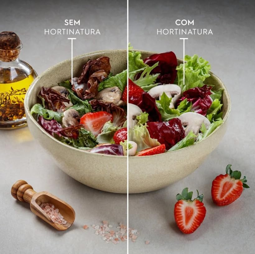 Comparação de salada com e sem hortintura destacando conservação