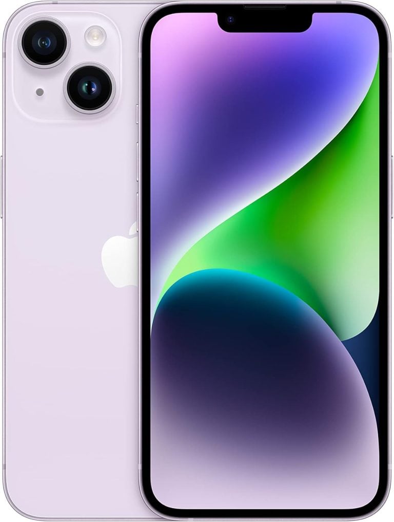 Apple iPhone 14 roxo mostrando frente e verso, tela colorida ligada, fundo branco