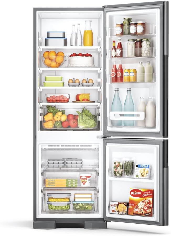Geladeira Consul Frost Free Duplex 397L Evox portas abertas com alimentos organizados