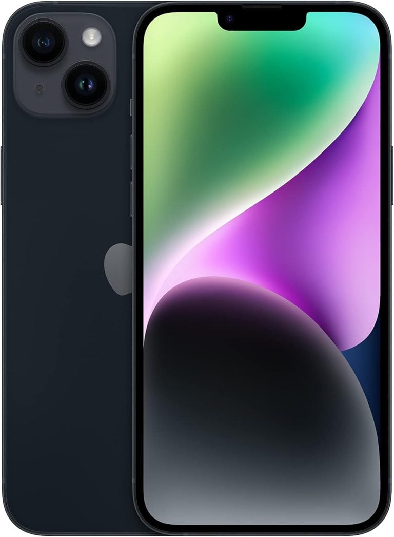 iPhone 14 Plus 128GB cor meia-noite mostrando frente e verso.