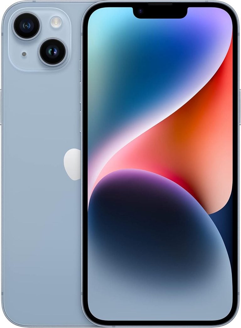 Apple iPhone 14 Plus azul vista frontal e traseira com tela colorida e câmera dupla