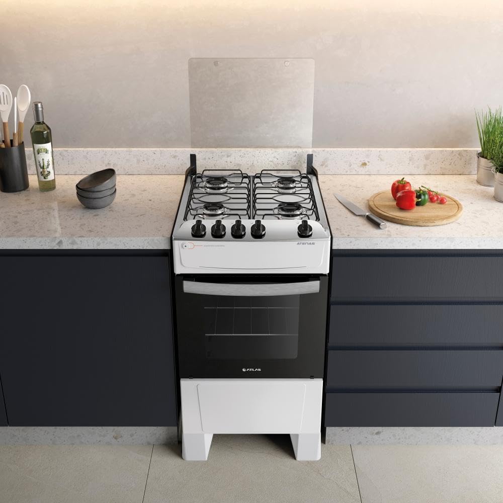 Fogão Atlas Atenas 4 bocas branco com mesa inox instalado em cozinha moderna