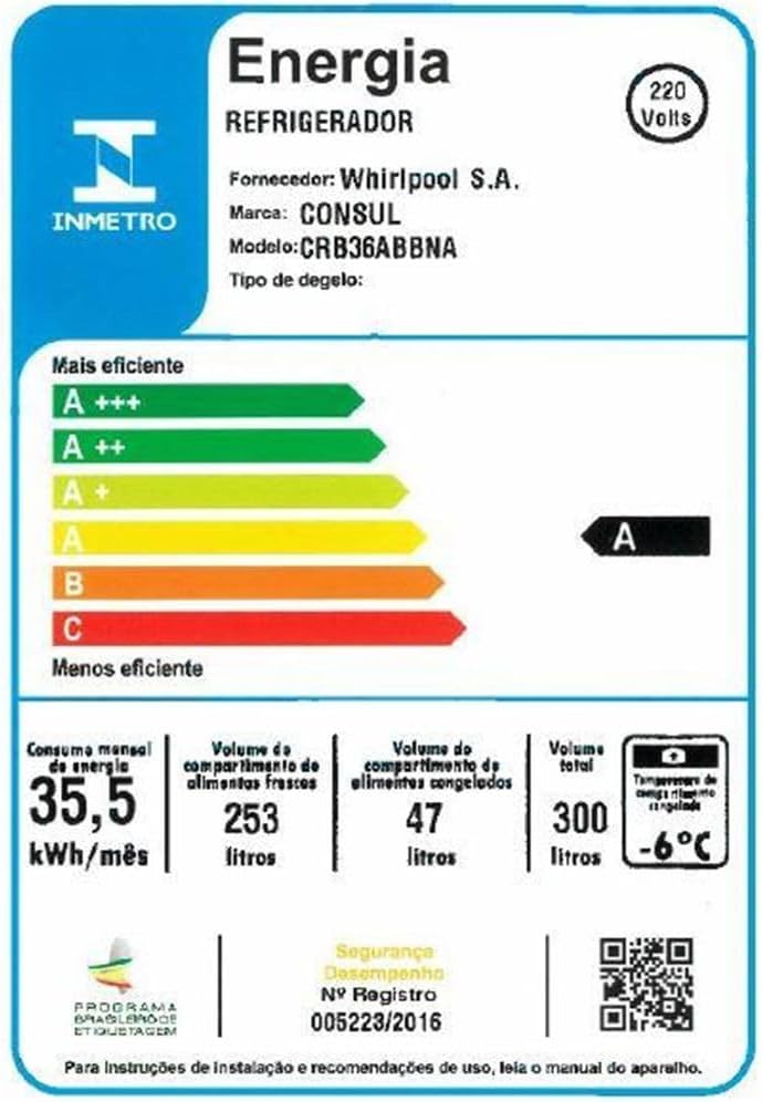 Etiqueta INMETRO de eficiência energética classe A para refrigerador Consul CRB36AB 220V