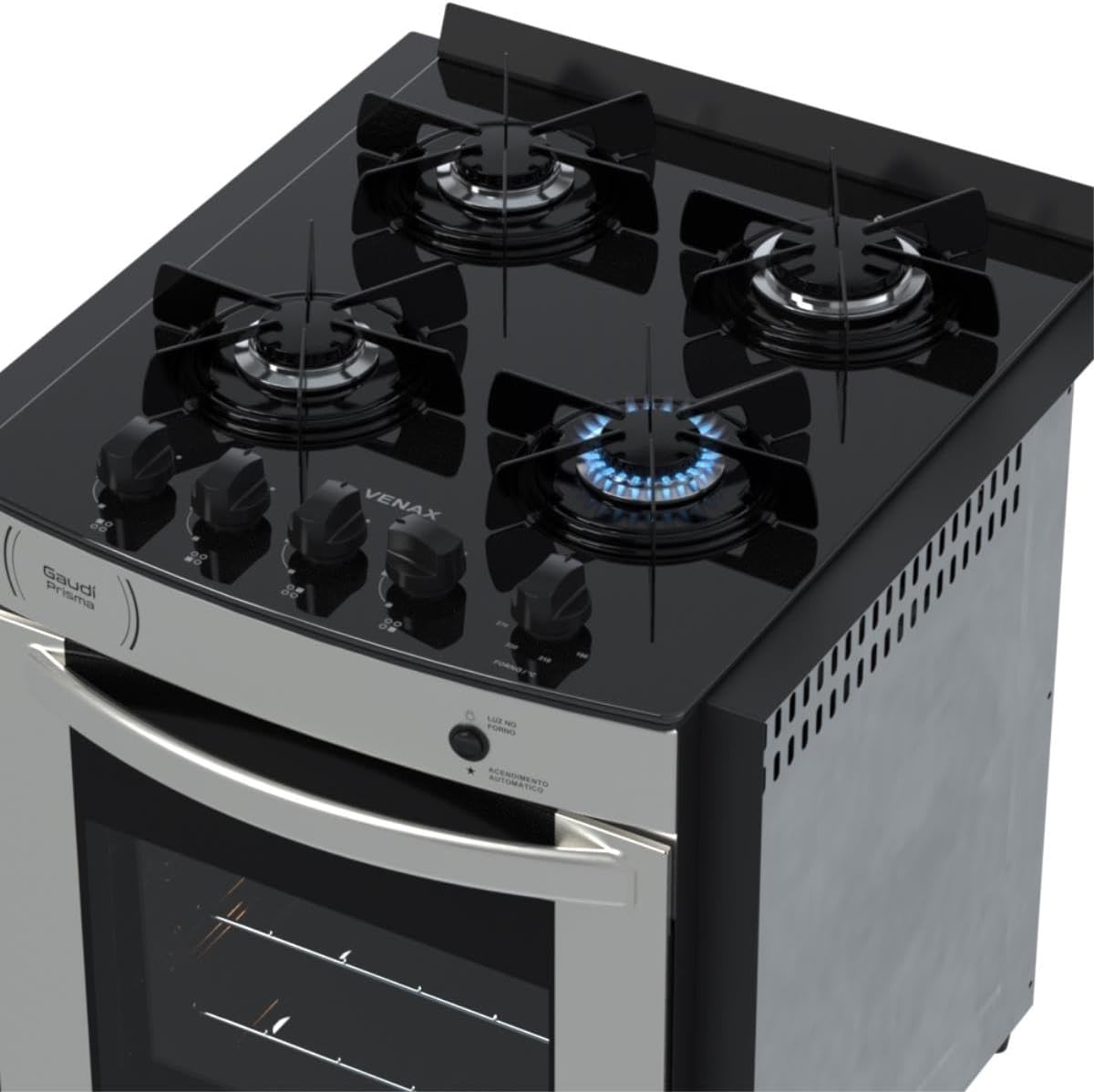 Fogão a gás Gaudi Prisma Vitreo 4 bocas com chama acesa e acabamento em vidro preto e inox