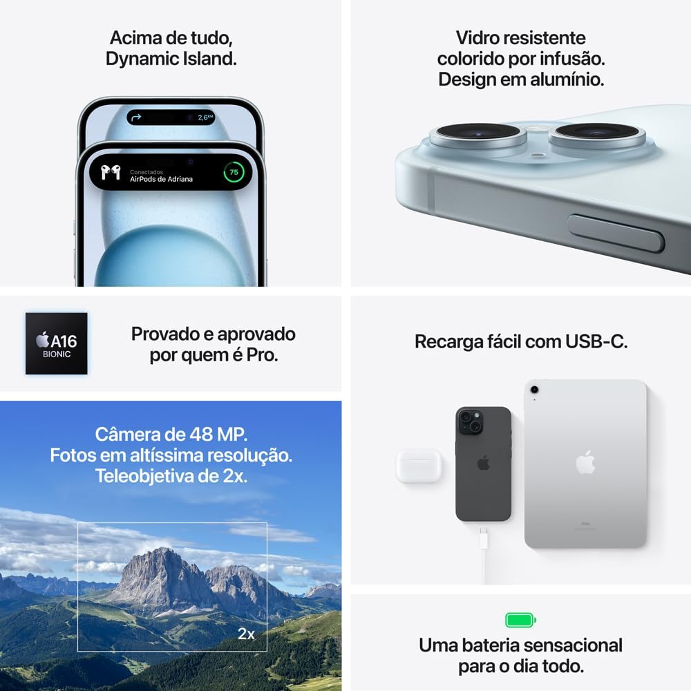 Recursos principais do iPhone 15 Plus como Dynamic Island, câmera 48 MP, chip A16 e USB-C