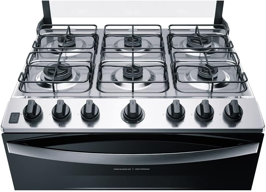 Vista superior do fogão Brastemp 6 bocas branco com grade metálica e botões pretos