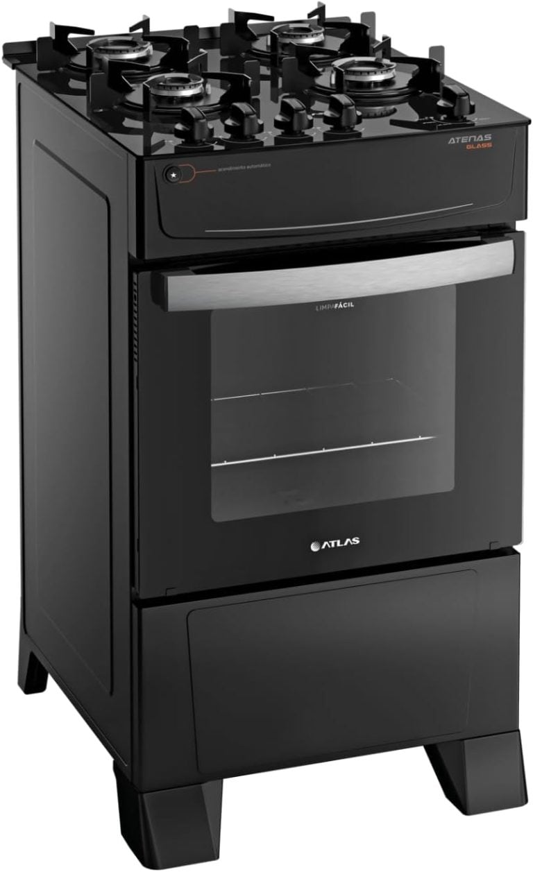 Fogão Atlas 4 bocas preto Atenas Glass com acendimento automático vista em ângulo frontal
