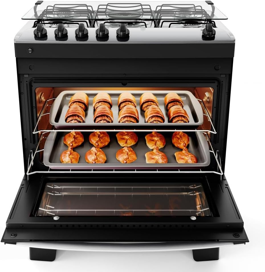 Fogão preto 5 bocas com forno aberto e assados no interior Atlas Agile Up