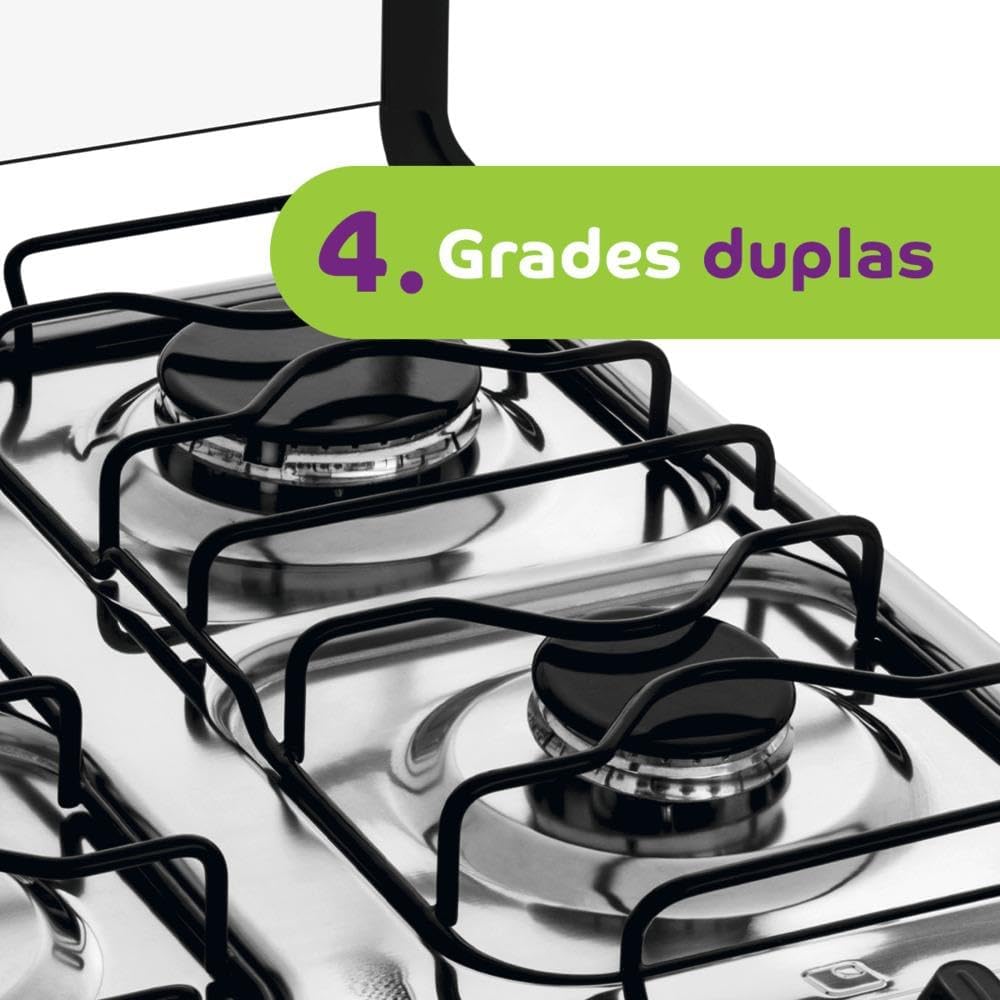 Close nas grades duplas do fogão Consul 4 bocas inox com texto explicativo