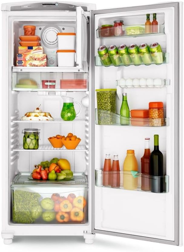 Refrigerador Consul Frost Free 300 litros branco com interior cheio de alimentos e bebidas