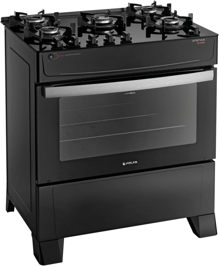 Fogão Atlas 5 bocas preto Atenas Glass com acendimento automático e forno de vidro, vista lateral