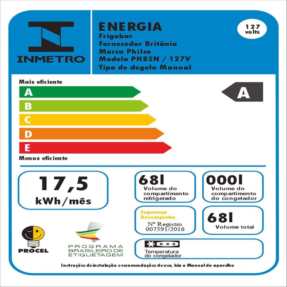 Etiqueta INMETRO eficiência energética A consumo 17,5 kWh/mês Philco PH85N 127V