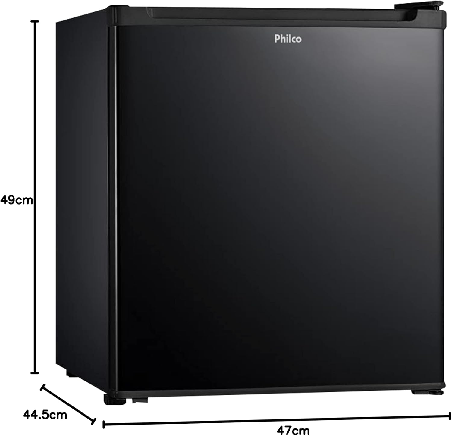 Frigobar Philco PFG50P preto mostrando dimensões 49cm altura, 47cm largura e 44,5cm profundidade.