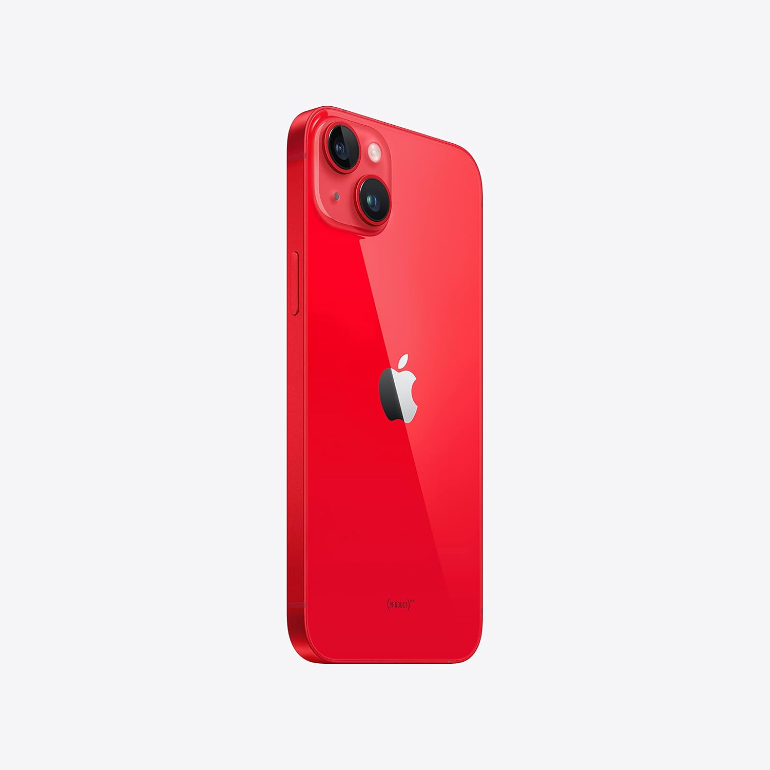 Parte traseira do Apple iPhone 14 Plus em vermelho com câmeras duplas e logo da Apple.
