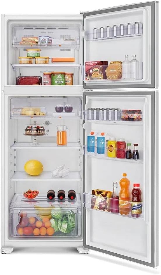 Interior refrigerador Continental 2 portas branco com alimentos organizados