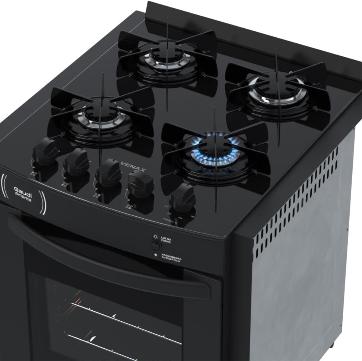 Fogão de embutir preto Gaudi Prisma Vitreo BL 4 bocas com chama acesa