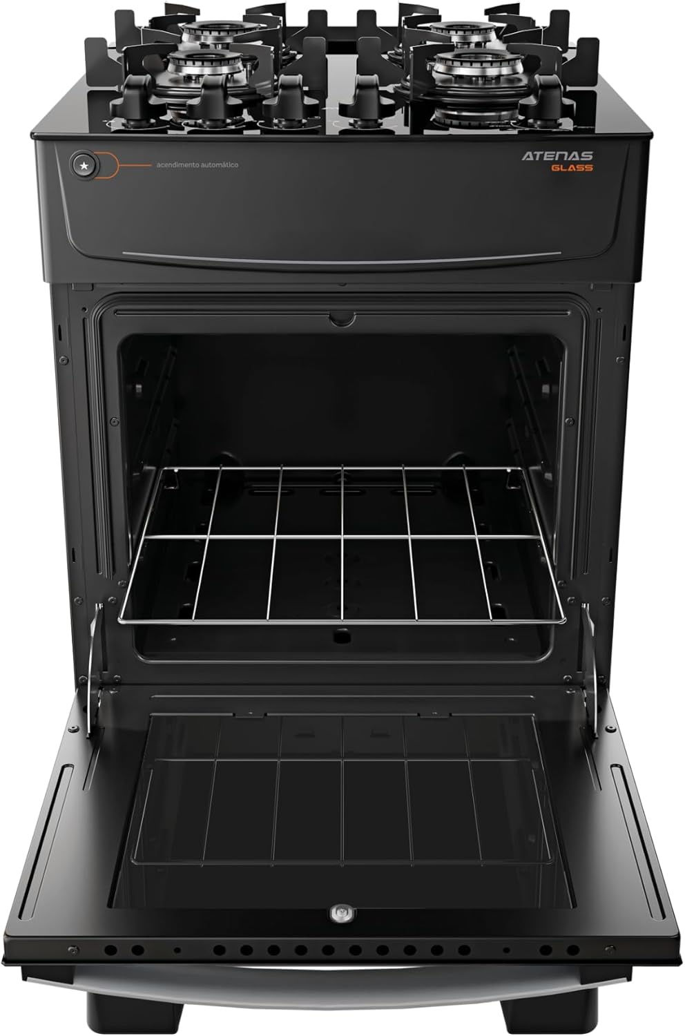 Fogão Atlas 4 bocas preto Atenas Glass com porta do forno aberta mostrando interior