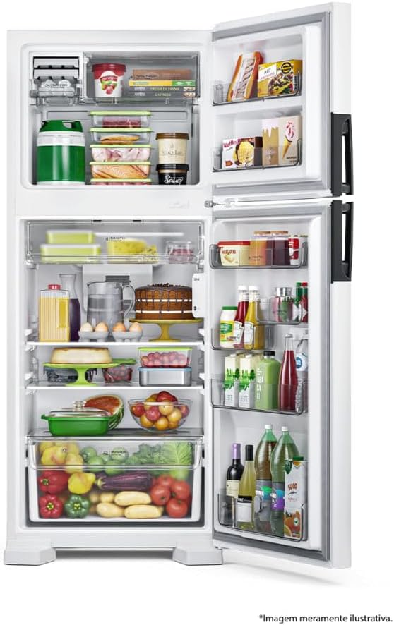 Interior da geladeira Consul Frost Free Duplex branca 410 litros com portas abertas e alimentos dentro