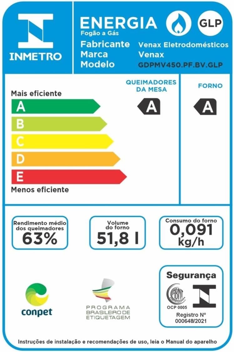 Etiqueta INMETRO eficiência energética fogão a gás Venax GLP modelo GDPMV450