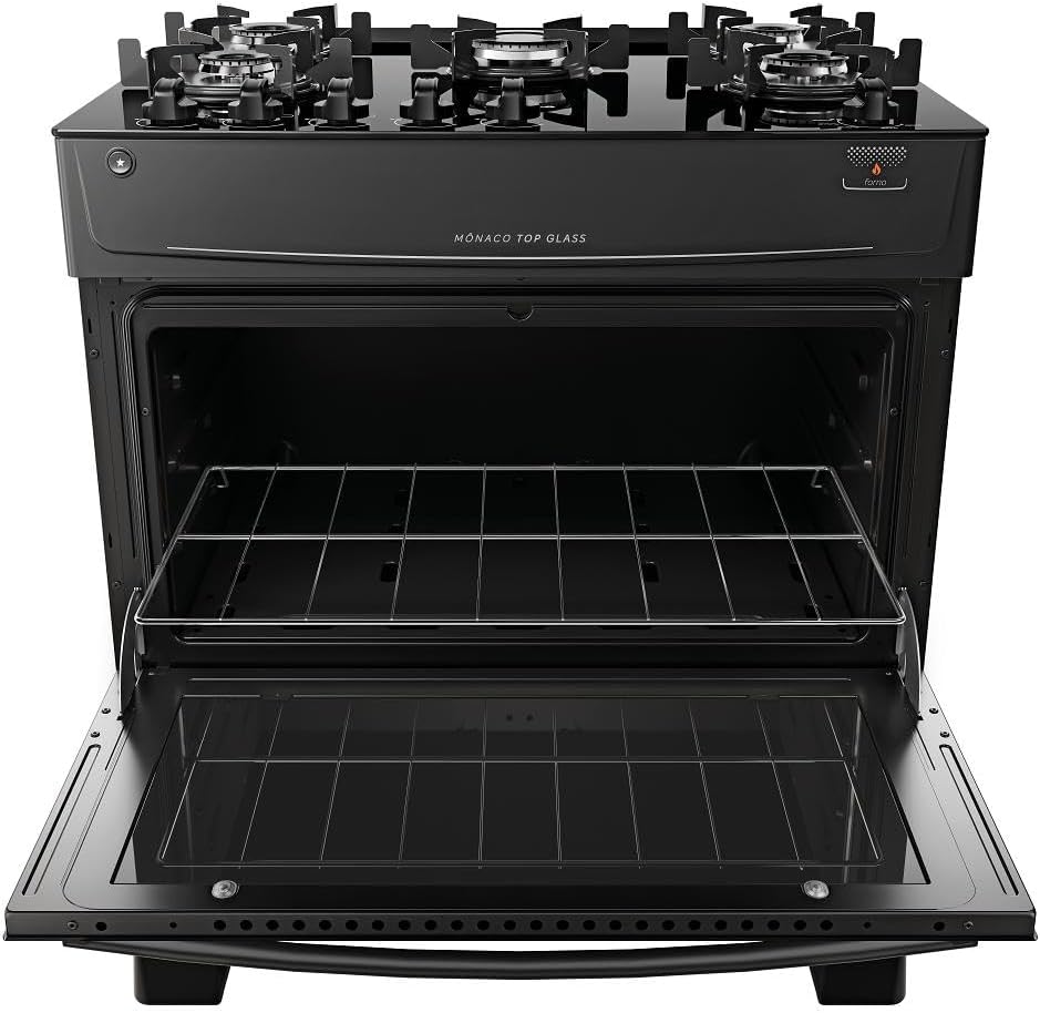 Fogão preto Atlas 5 bocas Mônaco Top Glass com porta do forno aberta mostrando interior vazio