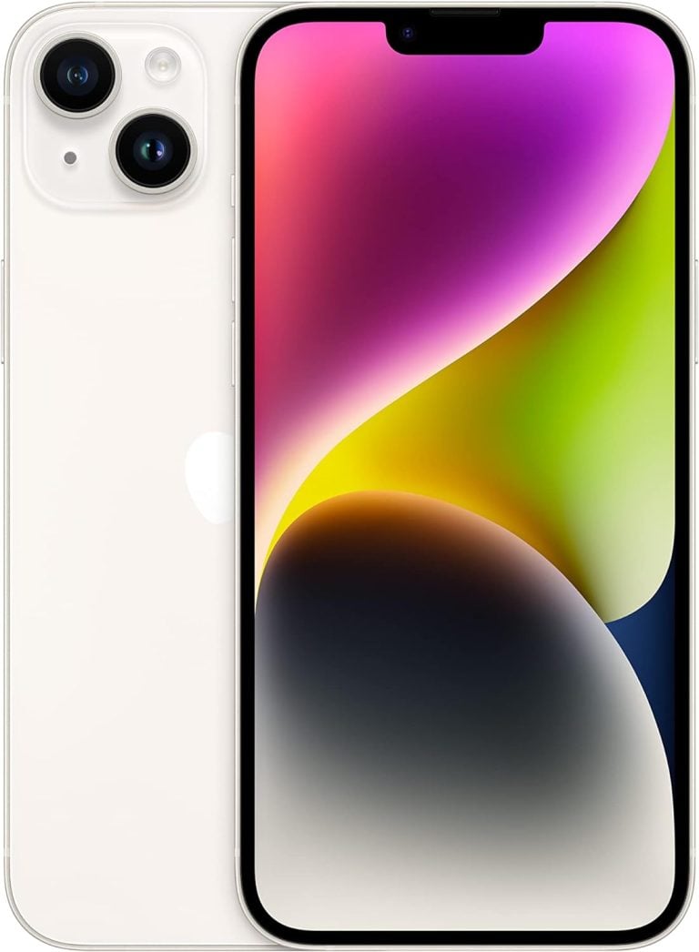 Apple iPhone 14 Plus branco mostrando frente e verso com tela colorida